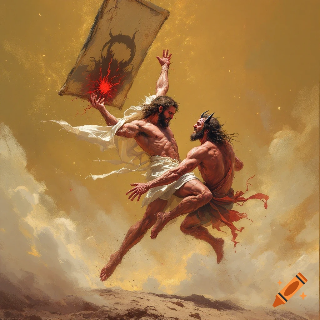 Two figures, one divine, one demonic, battling in the sky with a banner.