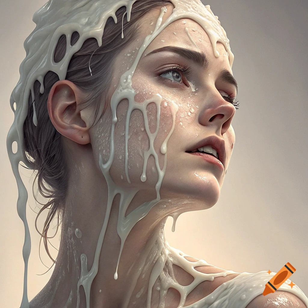 Photorealistic portrait of a woman with white liquid substance dripping across her face and shoulders.