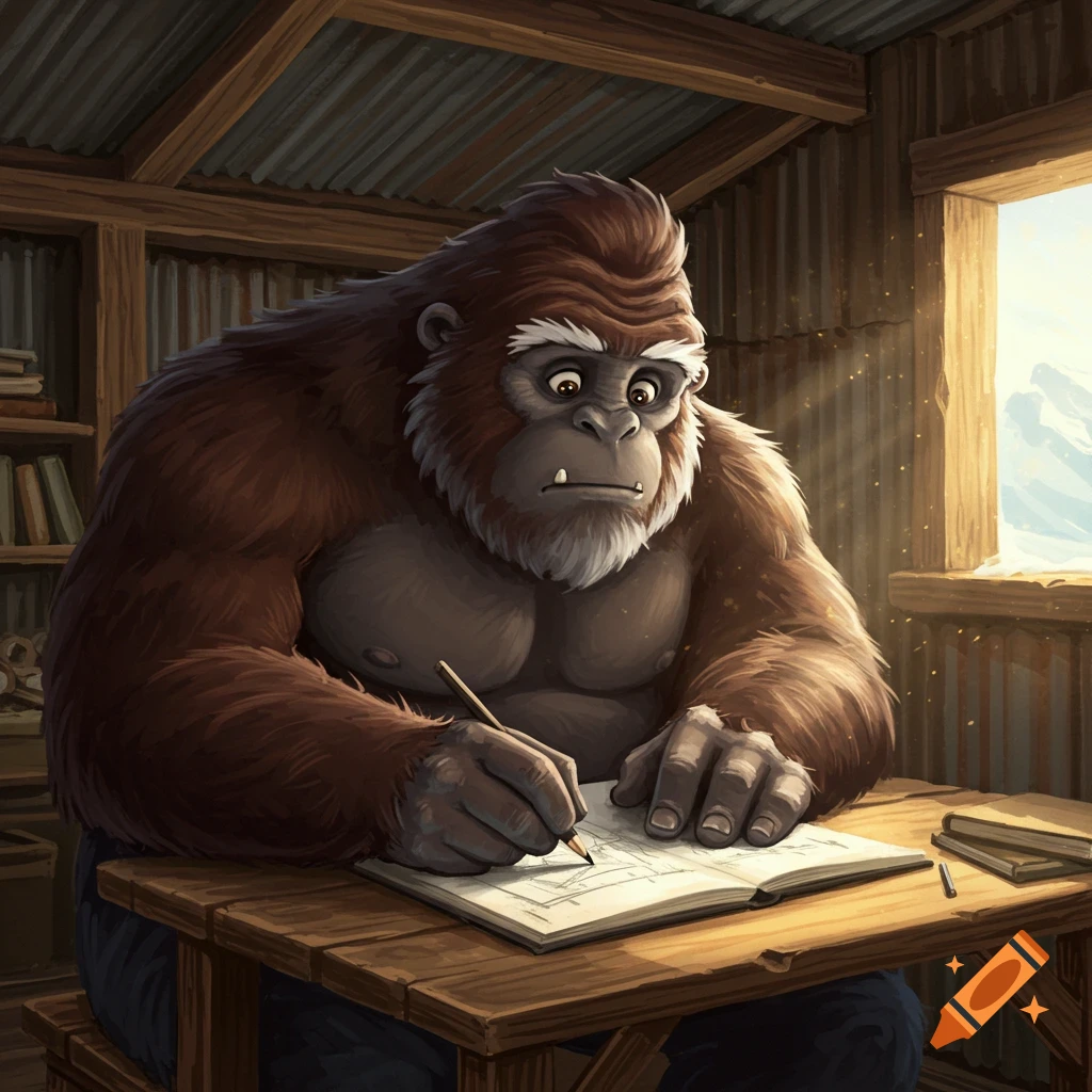 A yeti sits at a wooden desk, writing in a notebook with a pencil. Books are behind him, and a window overlooks snowy mountains.