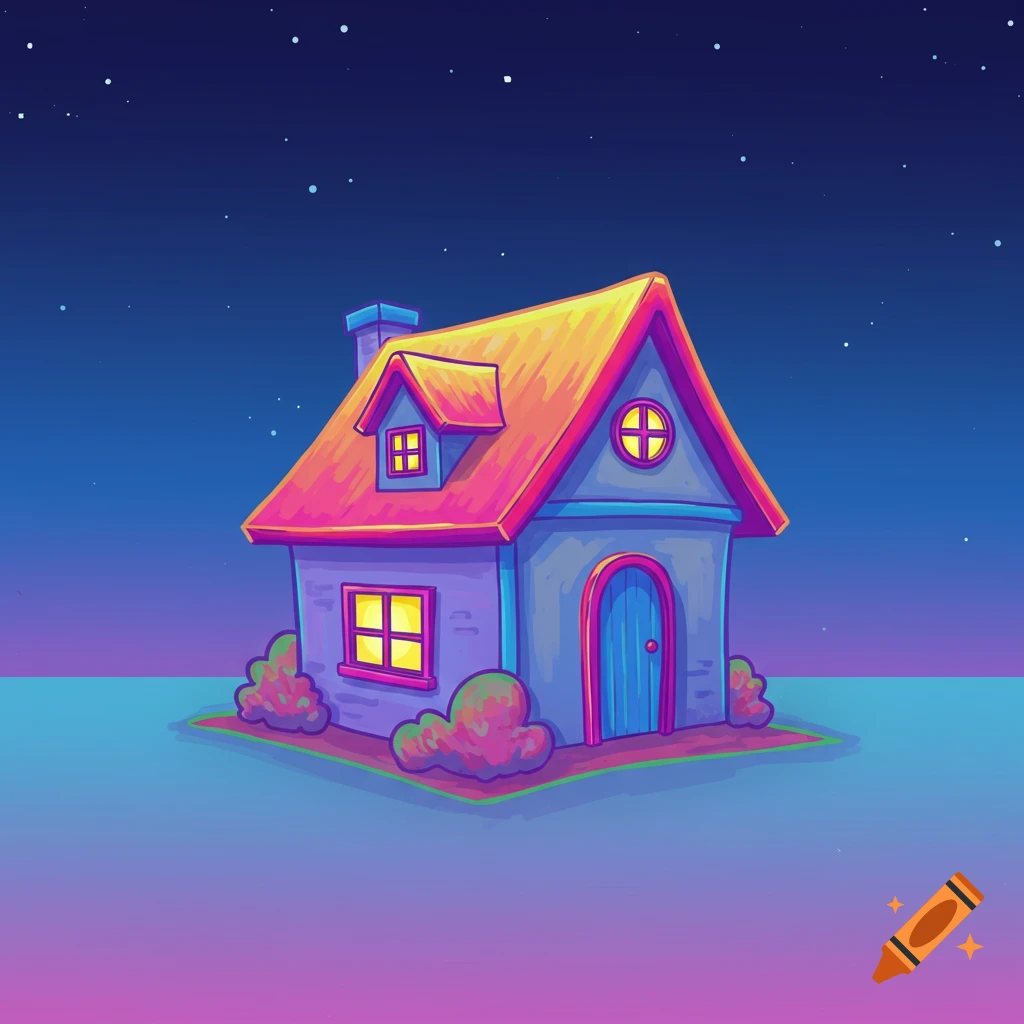 Cartoon house under a starry night sky.