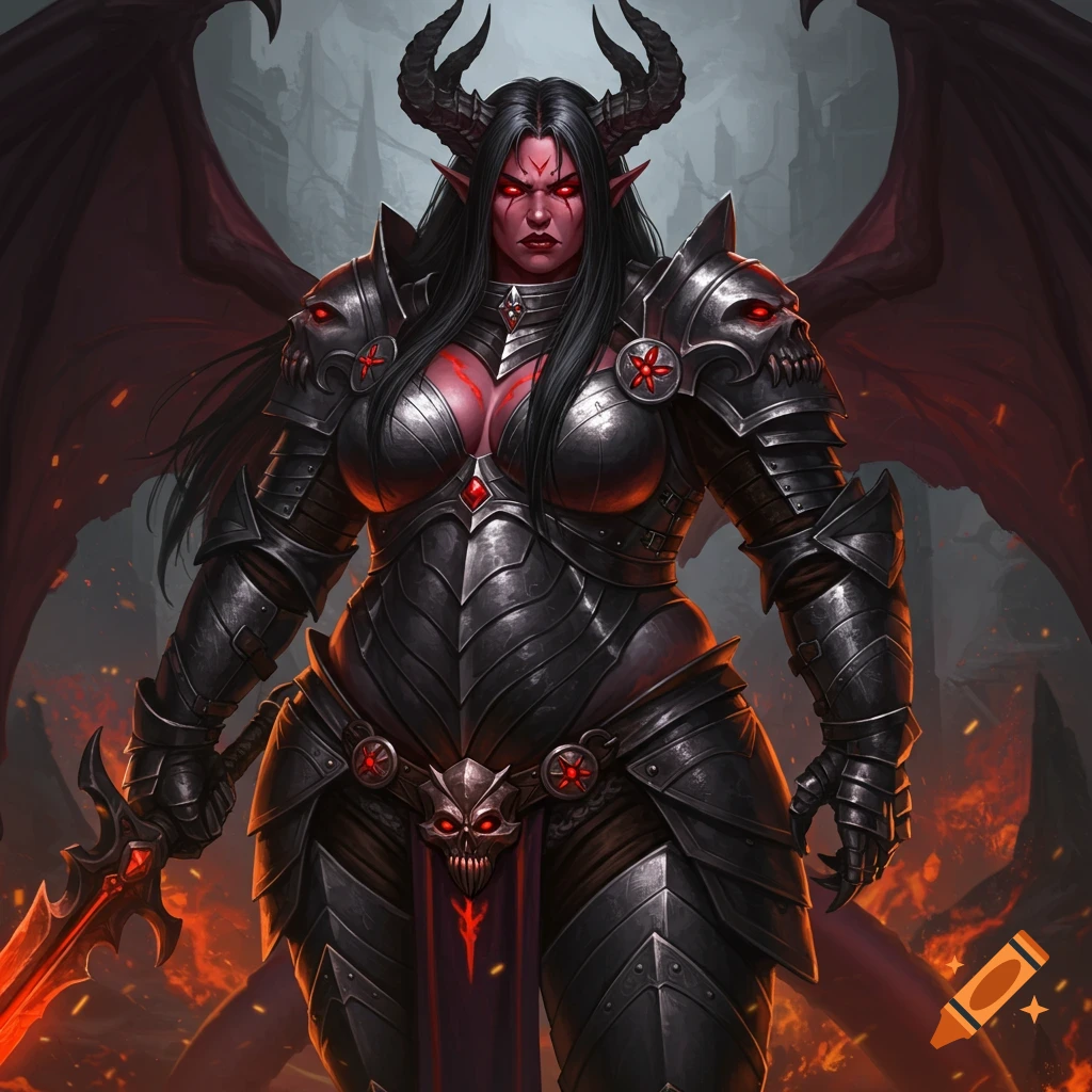 A demonic female warrior in black armor holding a glowing red sword.