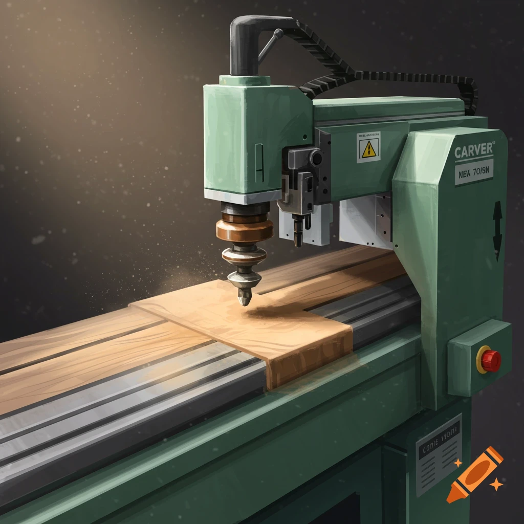 A green carving machine cutting a piece of wood.