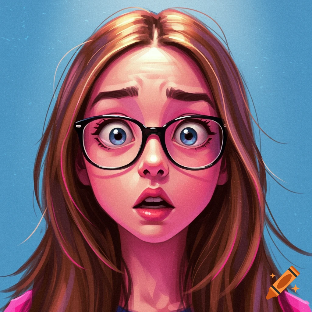 Stylized digital illustration of a shocked young girl with glasses