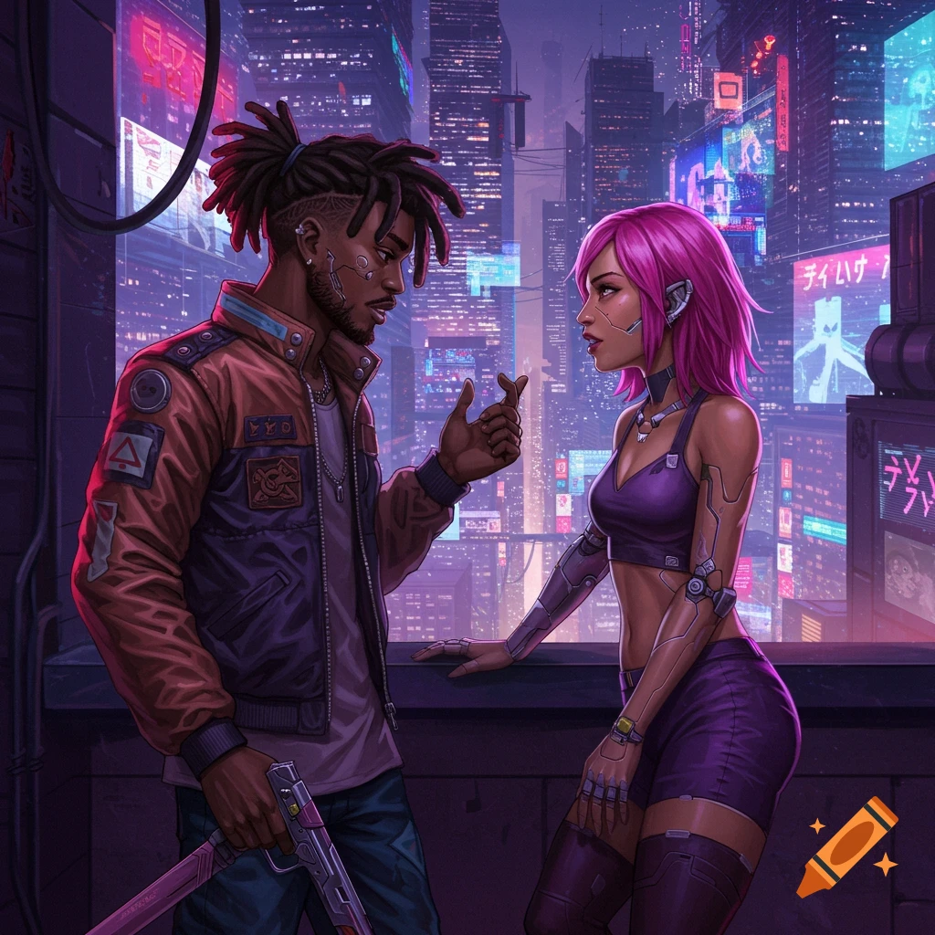 Two people stand in a futuristic cyberpunk city at night.