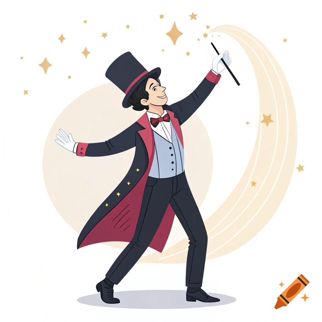 A vector illustration of a magician performing magic with a wand and stars.