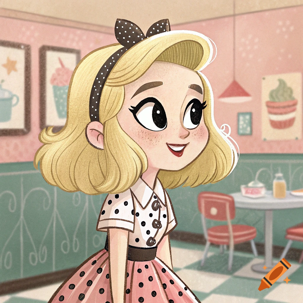 Cartoon illustration of a girl with blonde hair and a polka dot dress in a 1950s style diner.