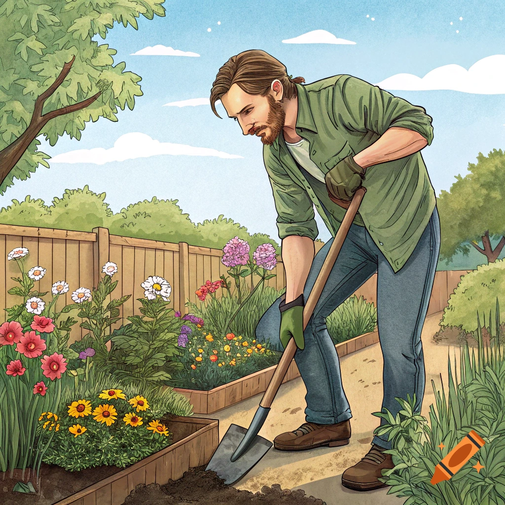 Illustrated image of a man digging soil in a flower garden with a shovel.