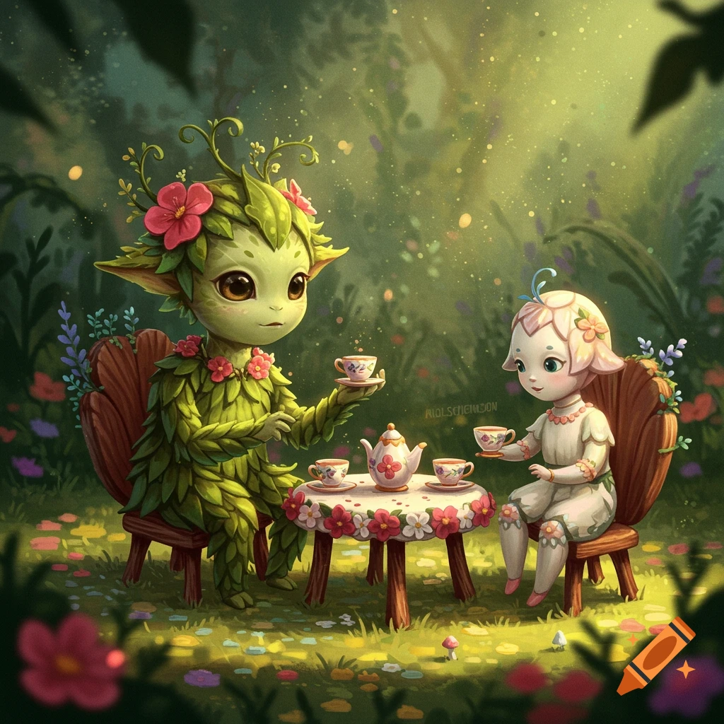Whimsical image of two fairytale creatures having a tea party in a sunlit forest clearing.