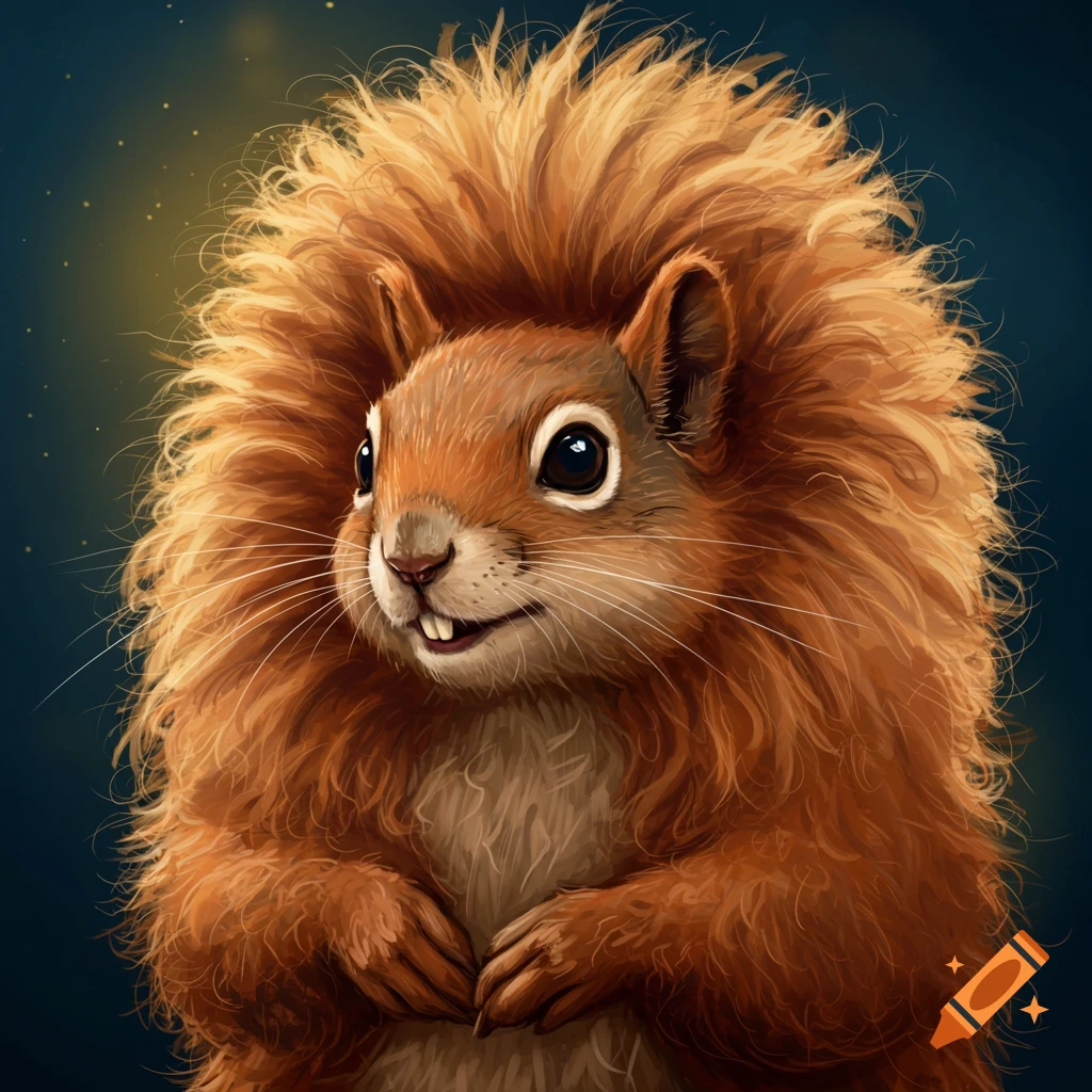 A fluffy squirrel with a large mane-like head of fur, looking up.