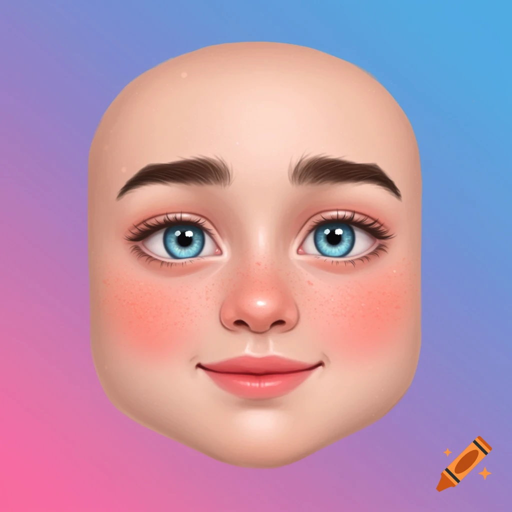 A stylized face with blue eyes, freckles, and blush on a gradient background.