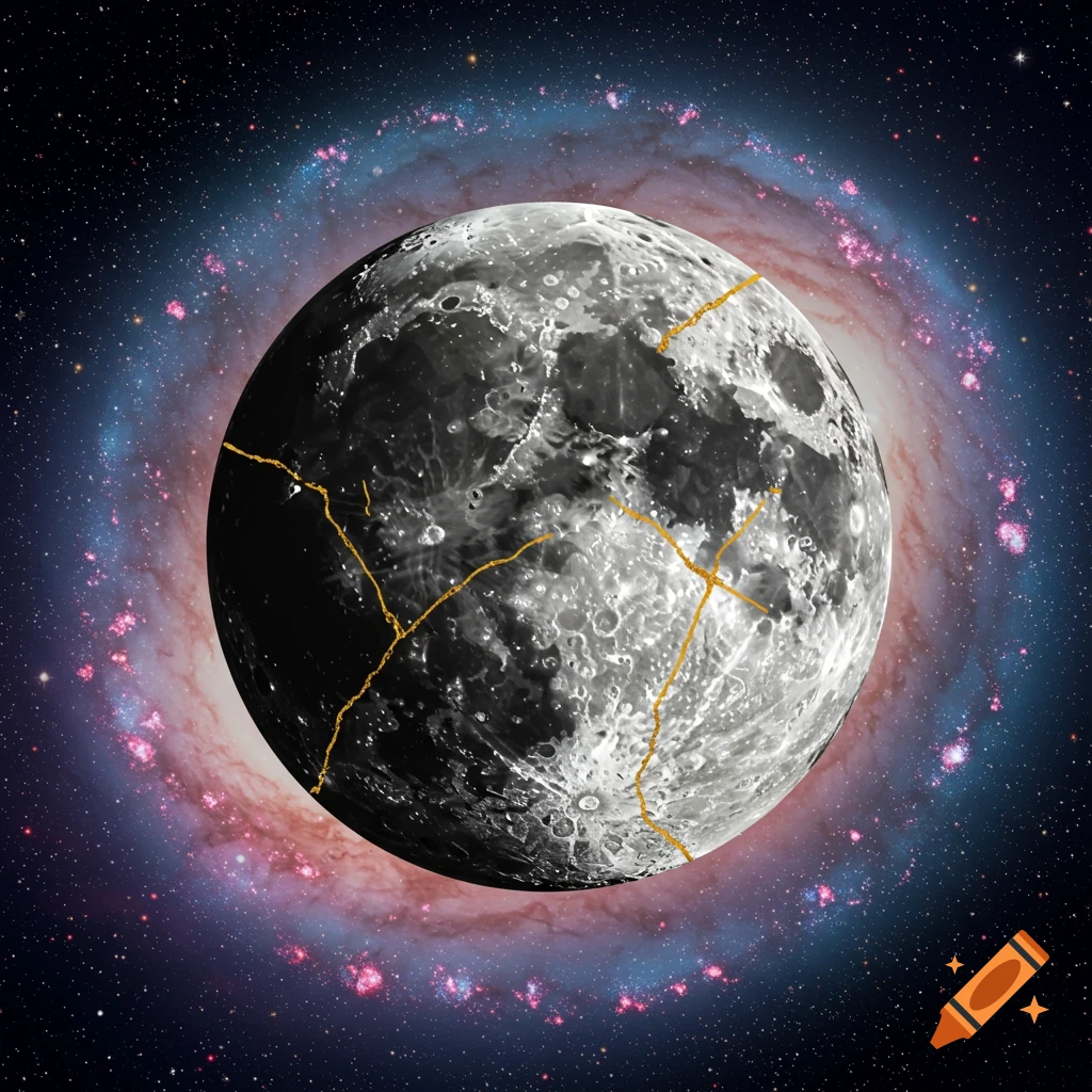 A cracked moon with golden repairs in front of a galaxy.