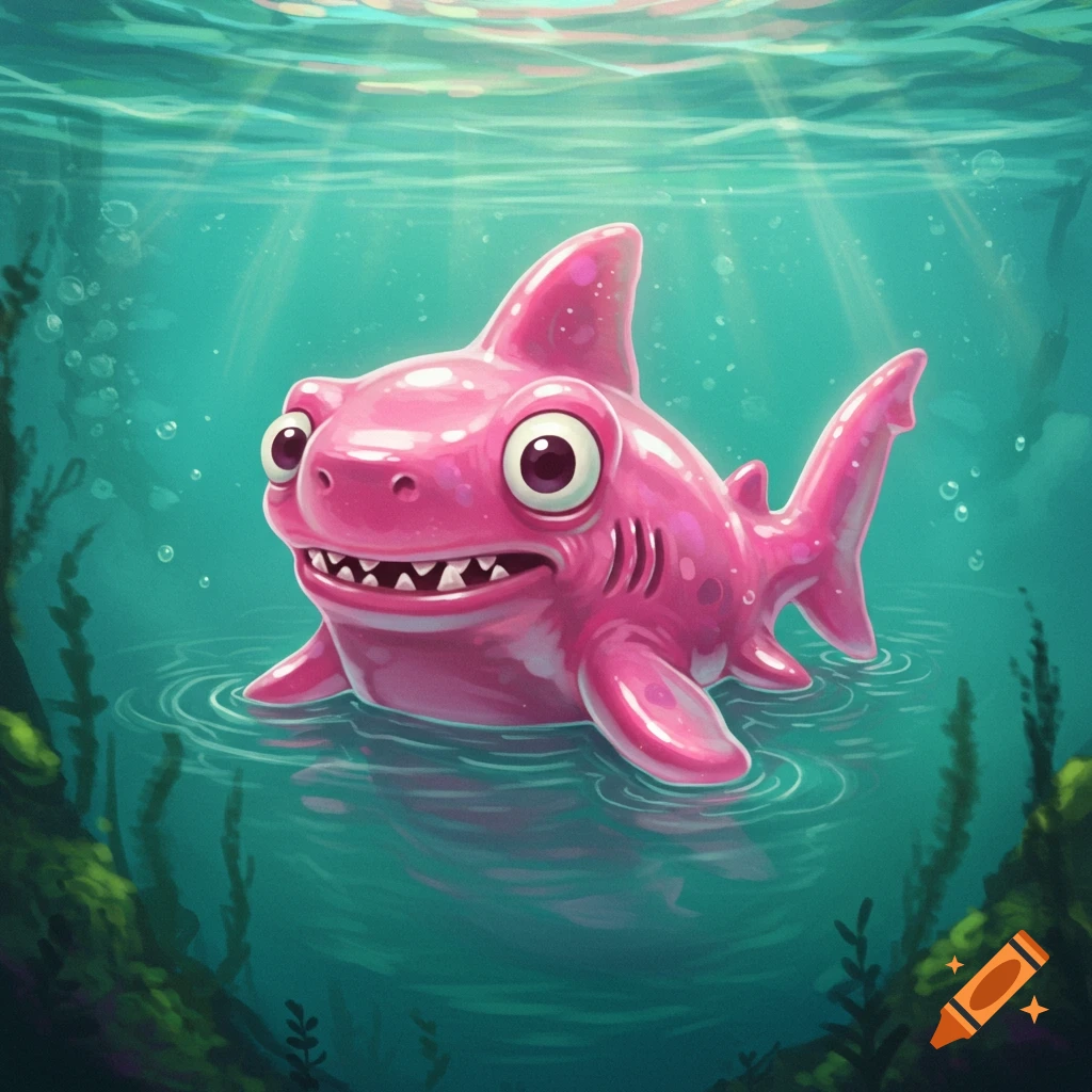A bright pink cartoon shark swims near the surface in clear water with sunlight streaming down.