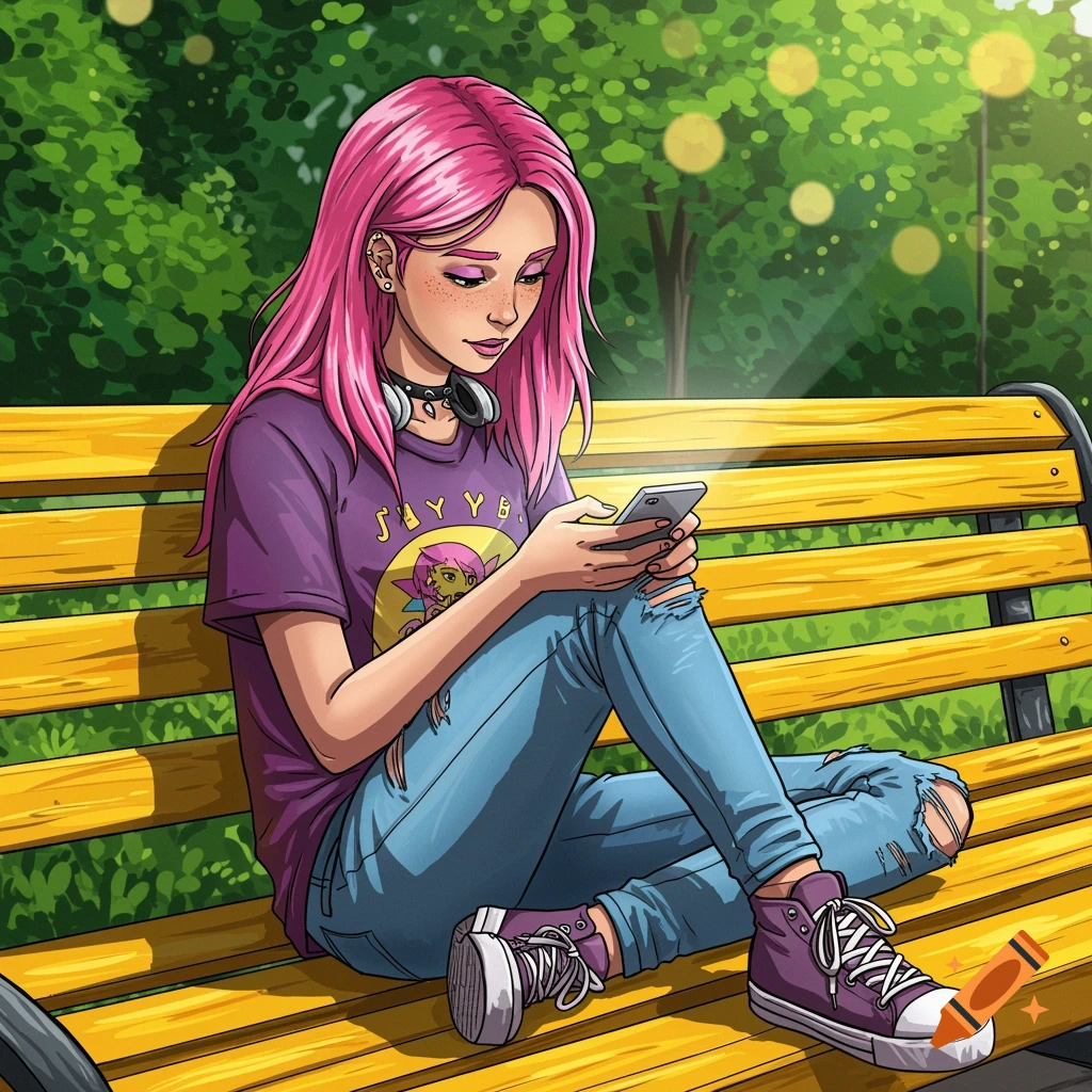 A teenage girl with pink hair is sitting on a park bench and looking at her smartphone.