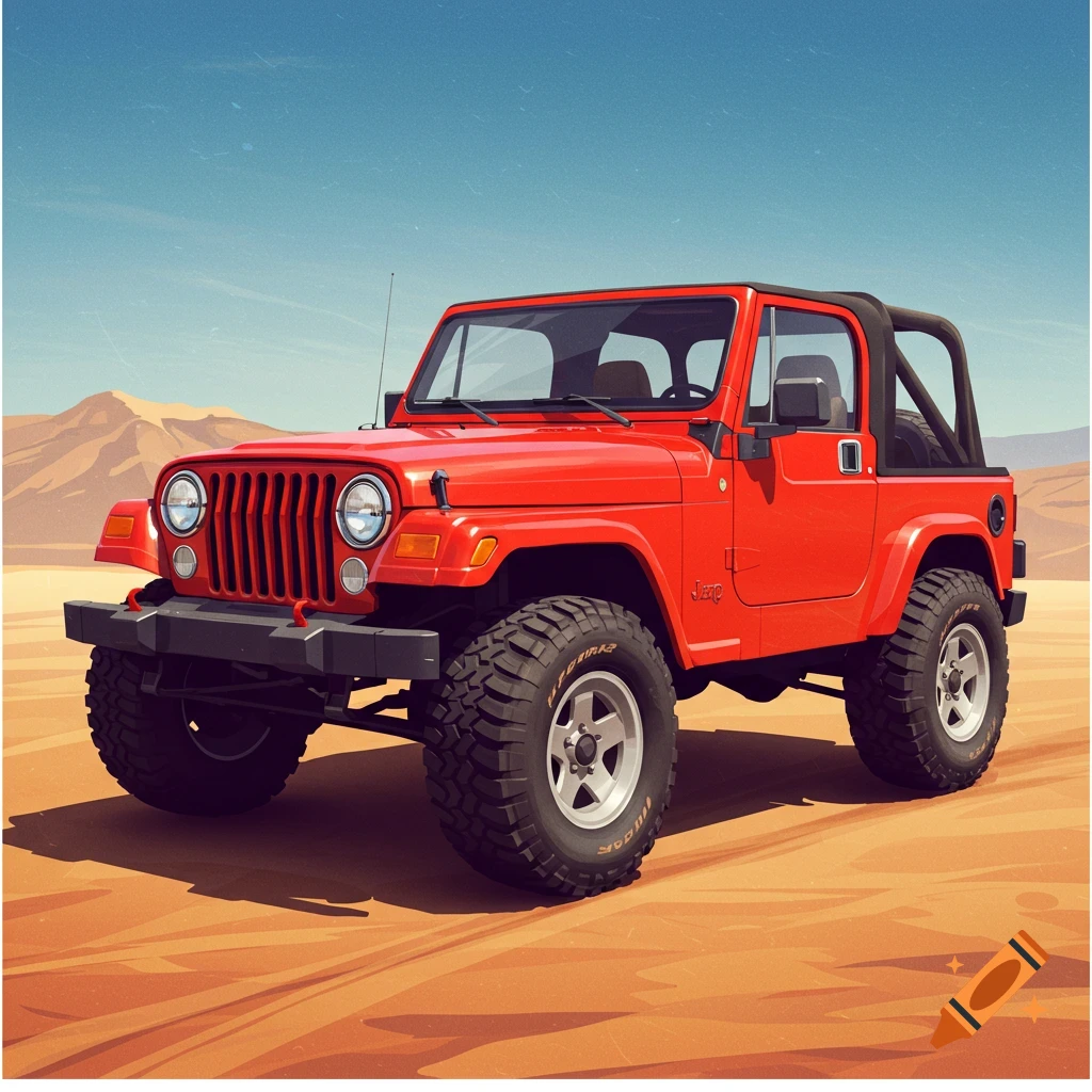 A red Jeep in a desert landscape.