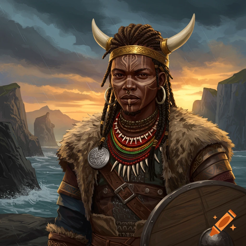 A person with horns, face paint, fur, and a shield is standing on a stormy coast at sunset.
