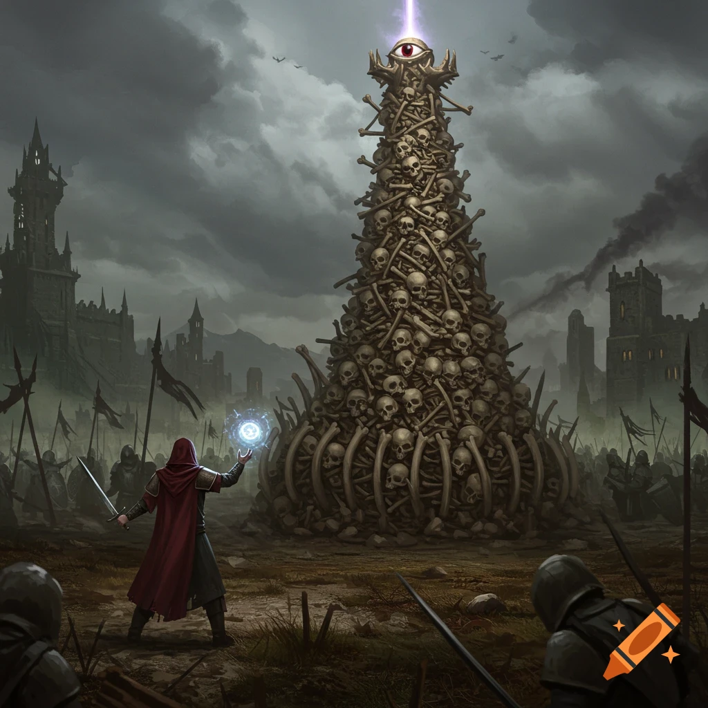 A mage casts magic before a tower of skulls and bones with a glowing eye on a fantasy battlefield.