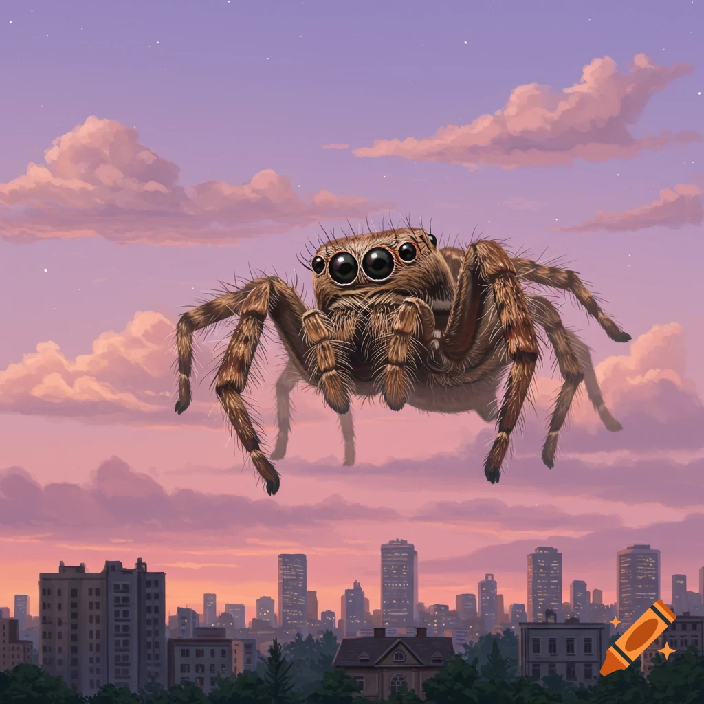 A giant jumping spider is seen flying over a city during sunset.