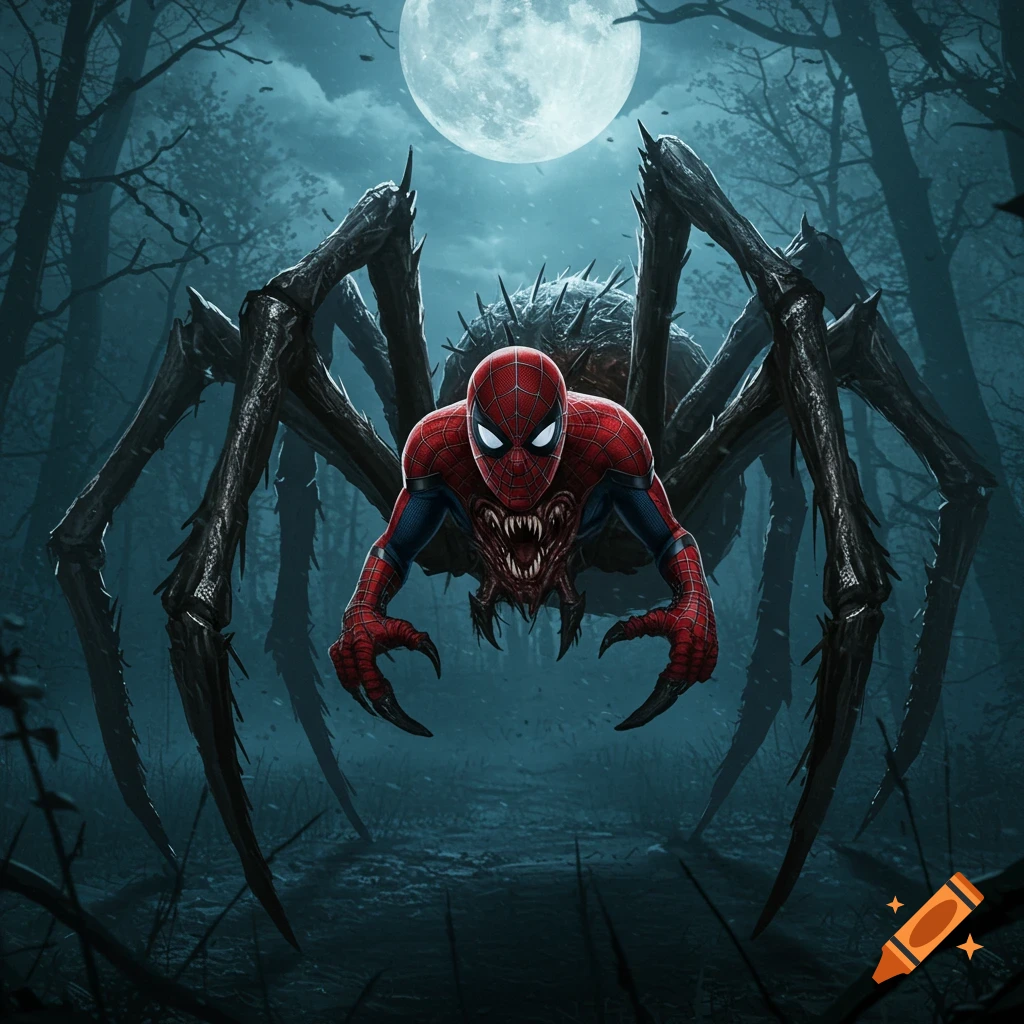 A monstrous Spider-Man/spider hybrid creature in a dark forest under a full moon.