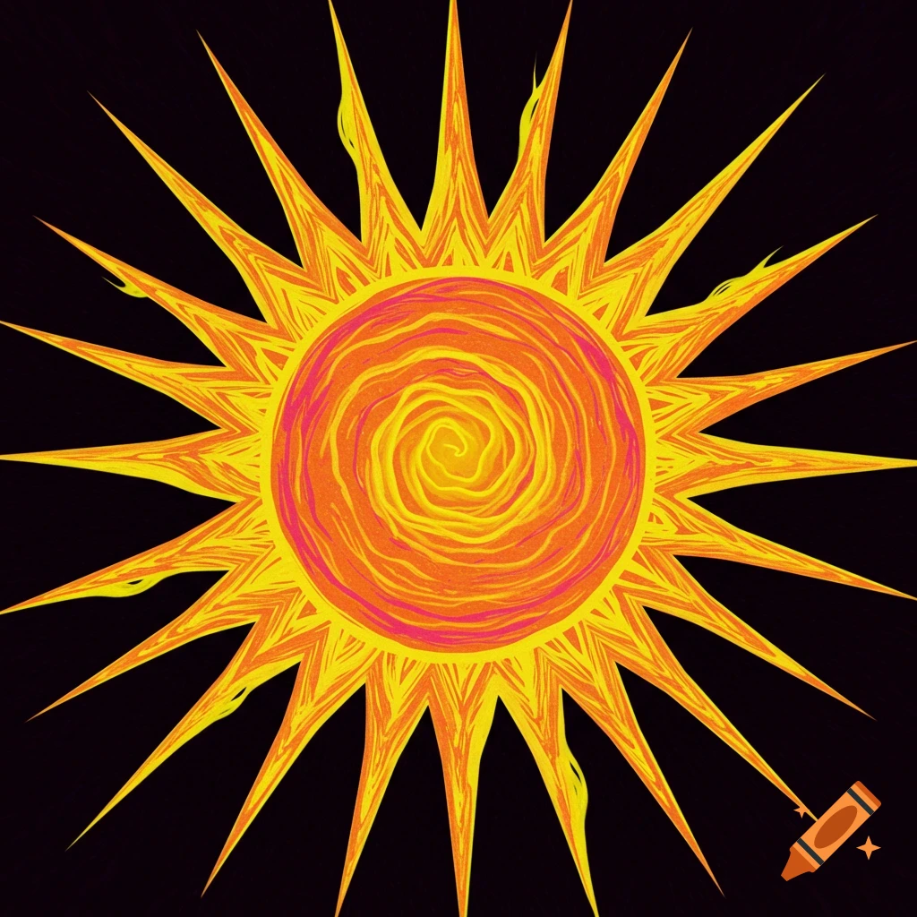 A stylized sun with orange and yellow radiating rays on a black background.