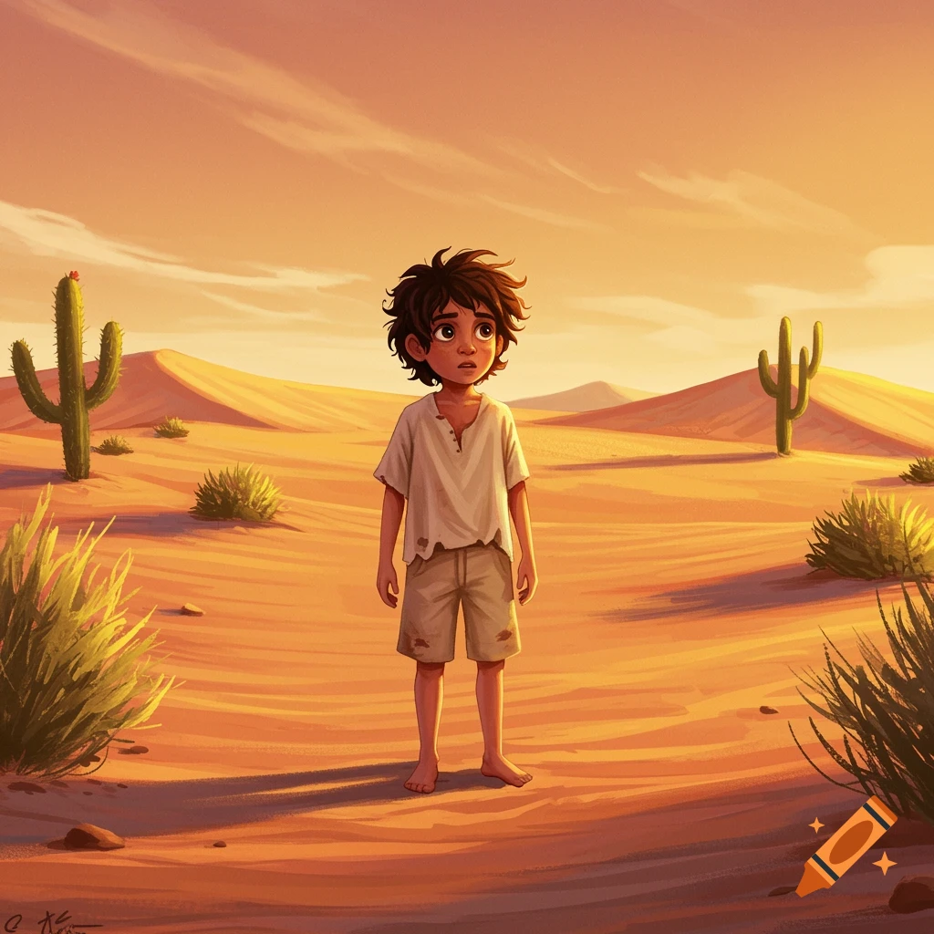 Digital illustration of a young boy standing in a vast, sunny desert landscape with cacti.