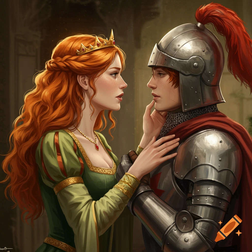 A red-haired princess looks at a knight in armor, touching his face.