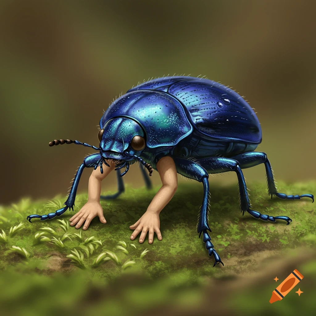 A blue beetle with human hands instead of legs, standing on moss.