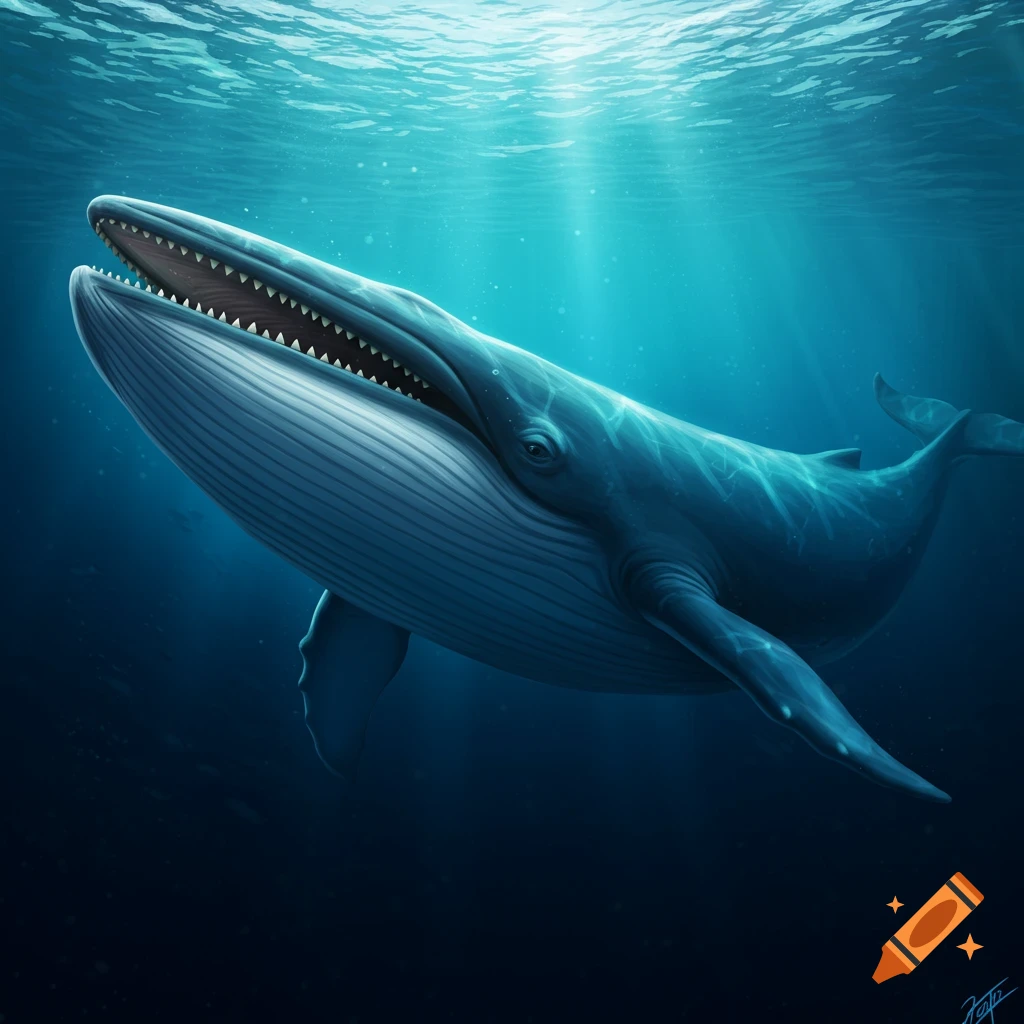 A blue whale swims underwater with its mouth open, bathed in light rays.