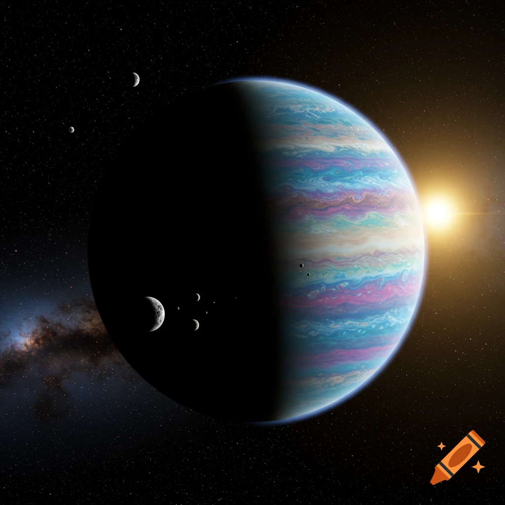 A colorful gas giant exoplanet with multiple moons against a starry space background.