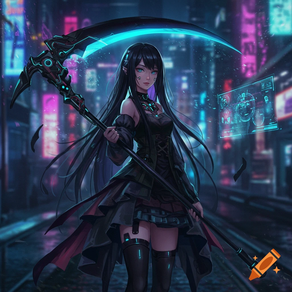 Anime style character with a scythe in a neon-lit cyberpunk city