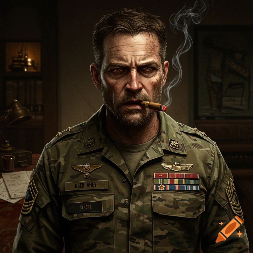 A stern military man with a beard smokes a cigar while wearing a camouflage uniform.