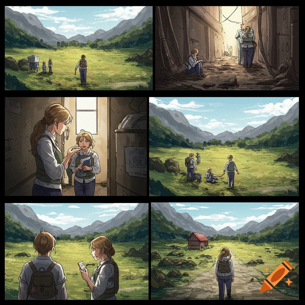 Multi-panel illustration of characters in varied settings including a grassy valley and indoors, comic style.