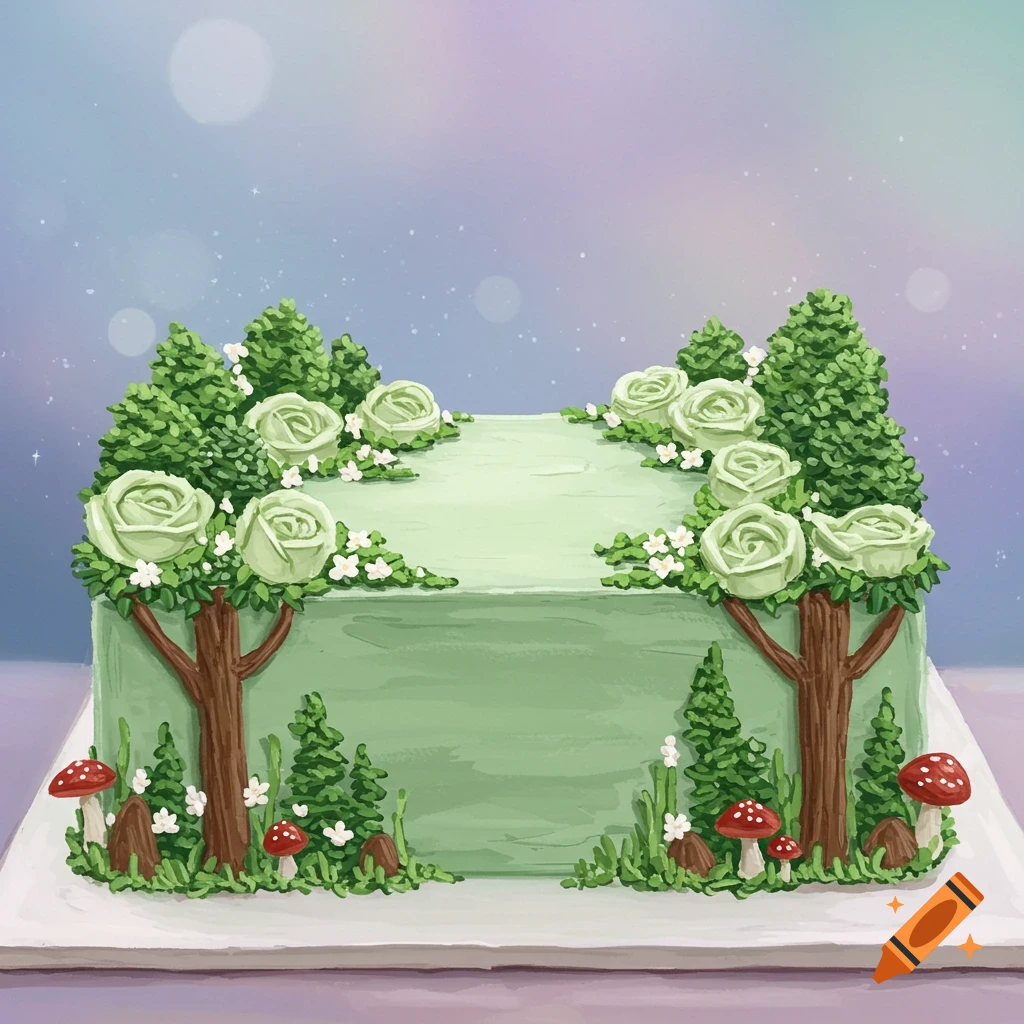 A rectangle cake decorated with green icing trees, roses, mushrooms, and flowers in an enchanted forest theme.