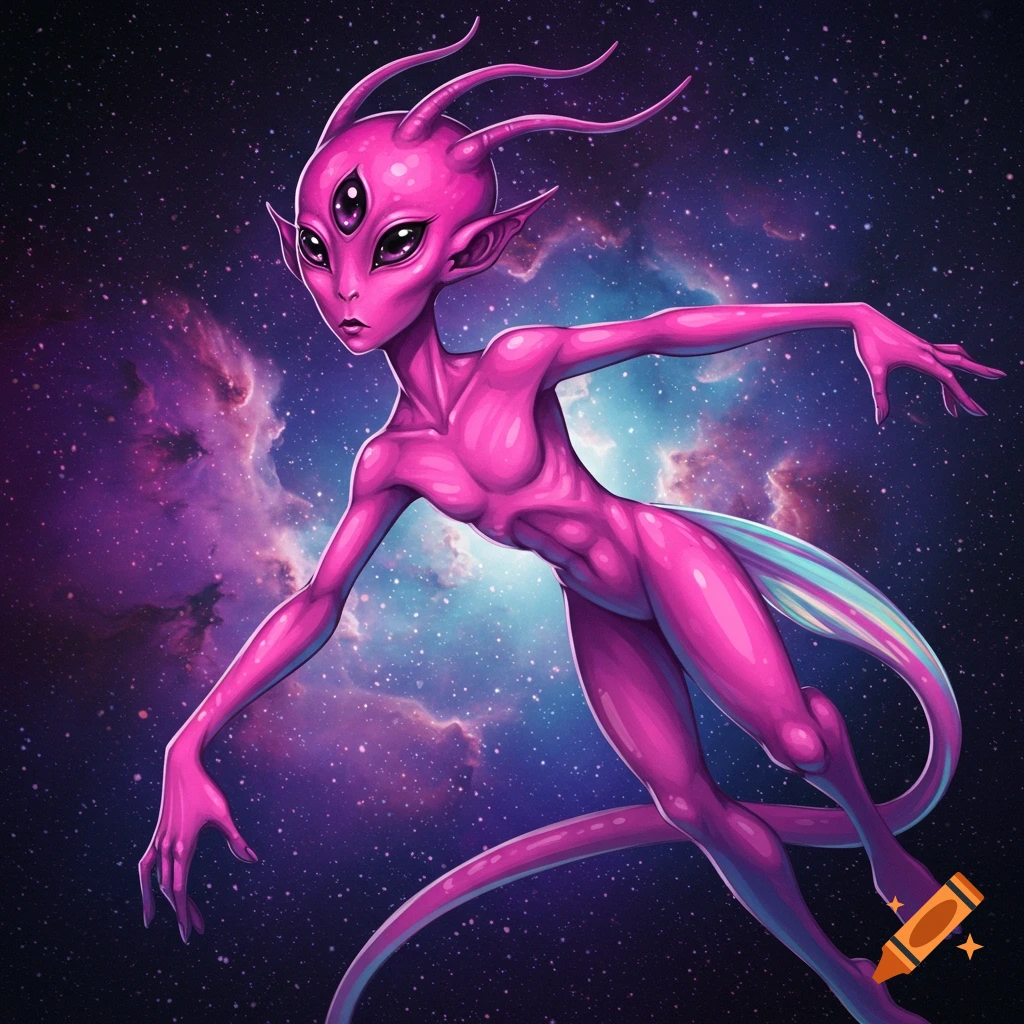 A pink alien with three eyes floats in a starry space background with nebulae.