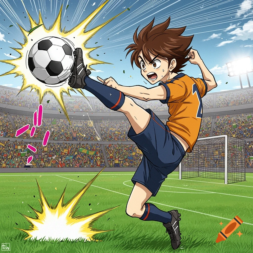 Manga style illustration of a soccer player kicking a ball in a stadium