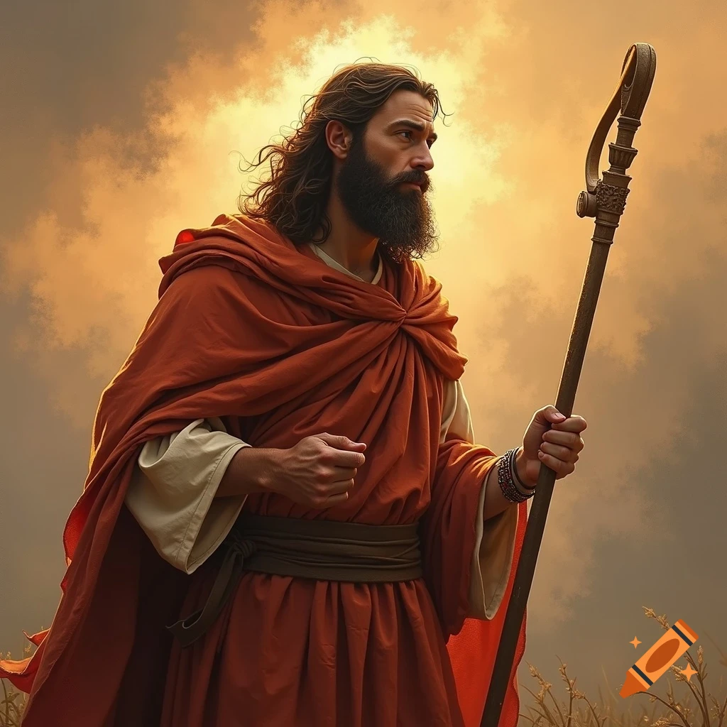 A bearded man in an orange robe holds a staff against a sunset sky.