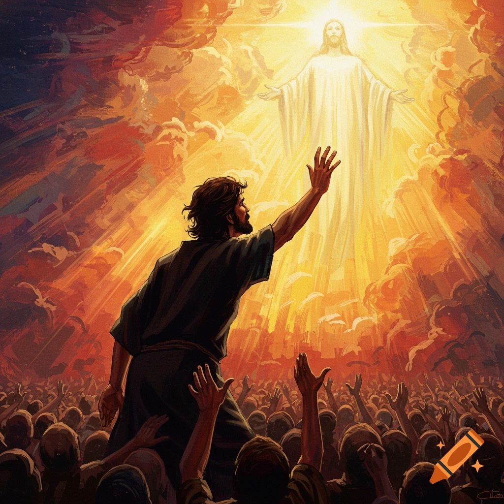 A man is reaching toward a luminous figure in the sky above a crowd.