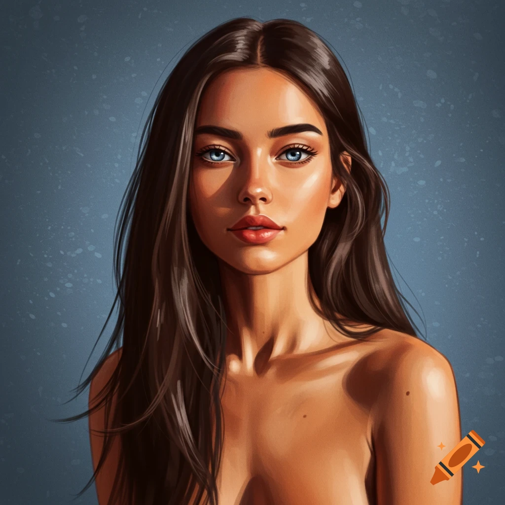 A young woman with long dark hair and blue eyes.