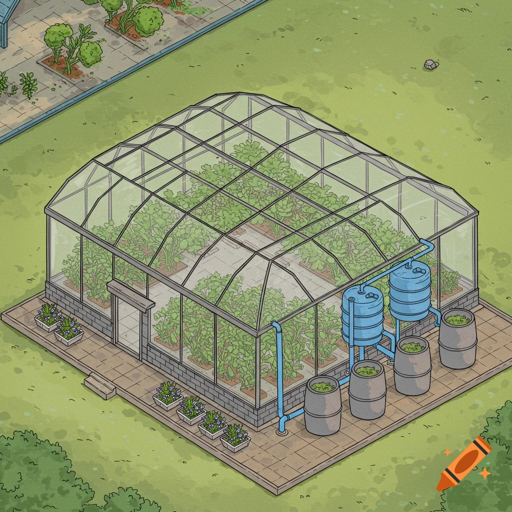 An isometric illustration of a greenhouse filled with plants, connected to blue water tanks and grey barrels via pipes.