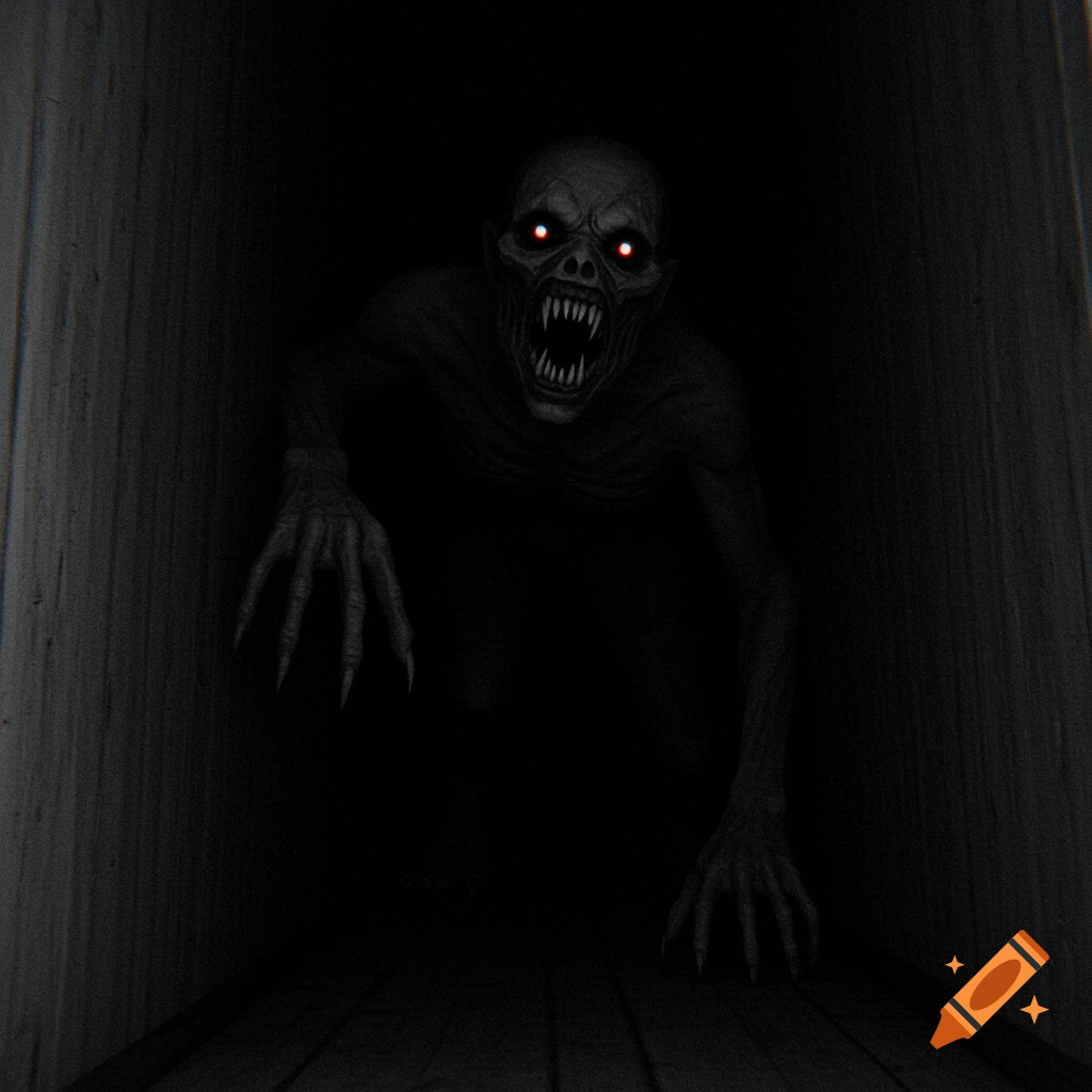 Horror creature with red eyes and claws in a dark hallway.