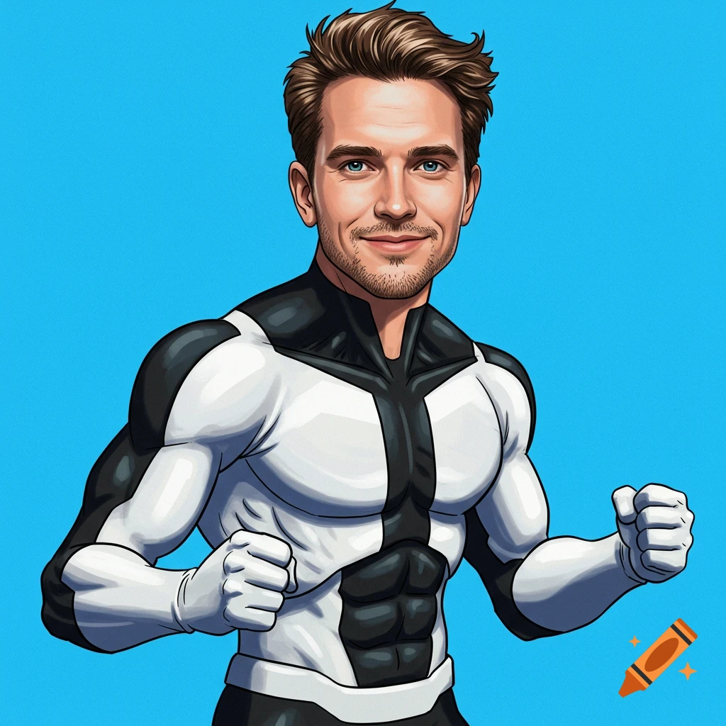 A man in a black and white superhero suit flexing.