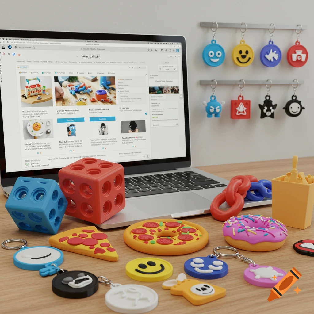 3D rendering of fidget toys, pizza, donut, fries, and keychains next to a laptop displaying a website.