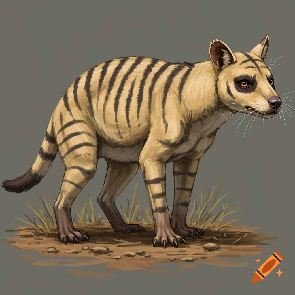 A striped, dog-like marsupial stands in dry grass.