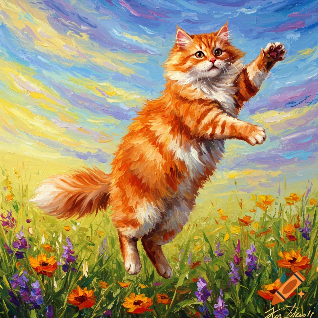 Orange and white cat jumps in a field of flowers, impressionistic painting.