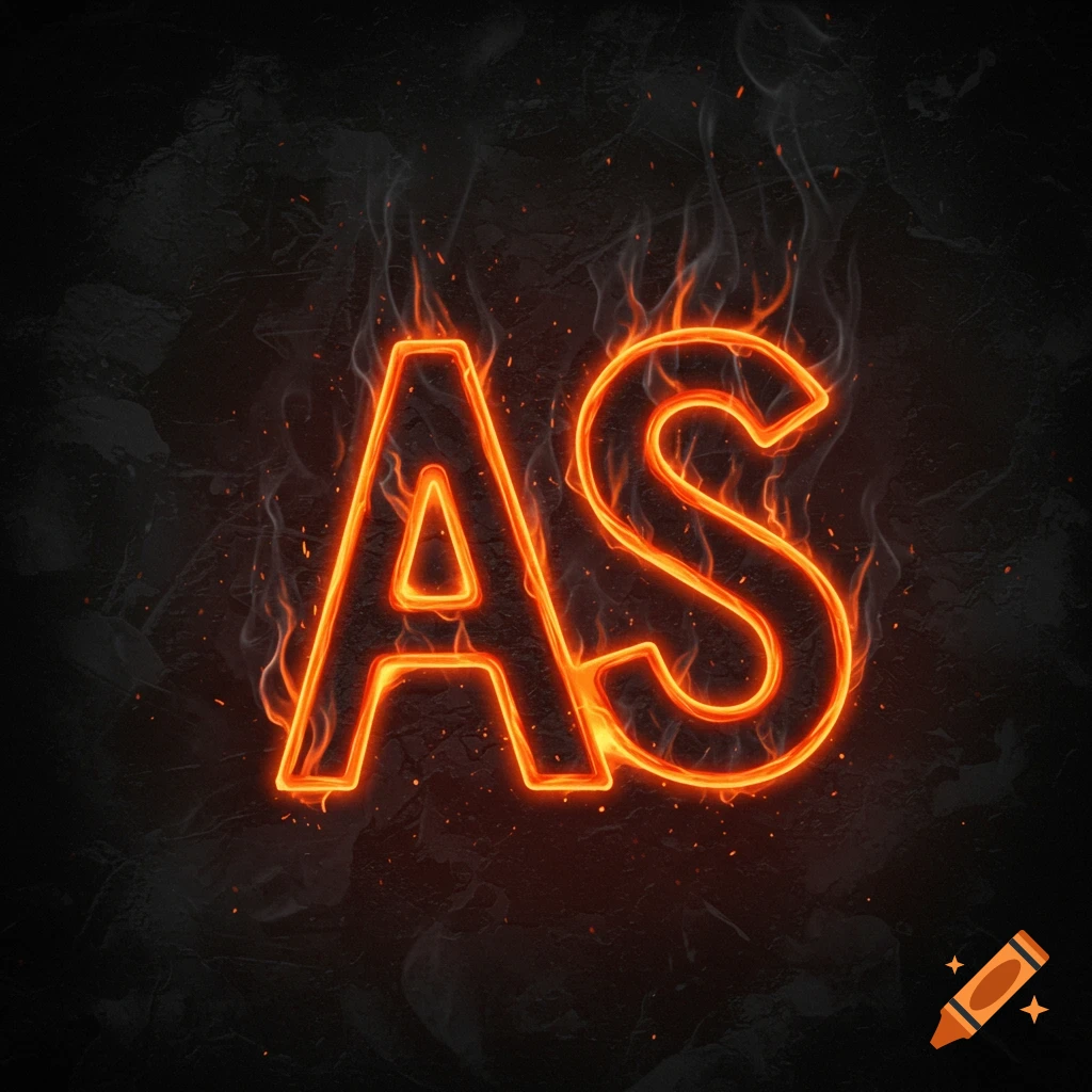 The letters AS engulfed in orange fire and smoke on a dark background.