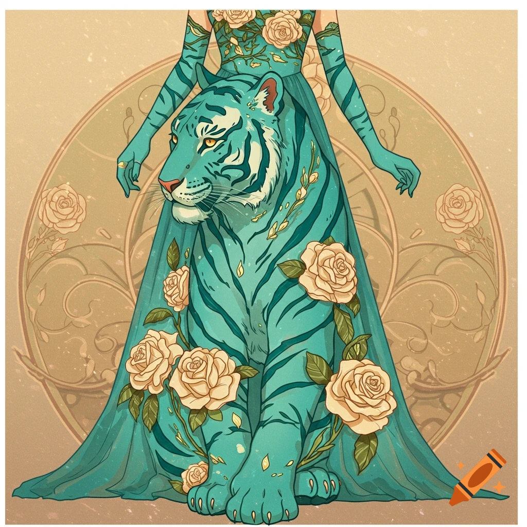A teal tiger figure in a dress adorned with cream roses, Art Nouveau style background.