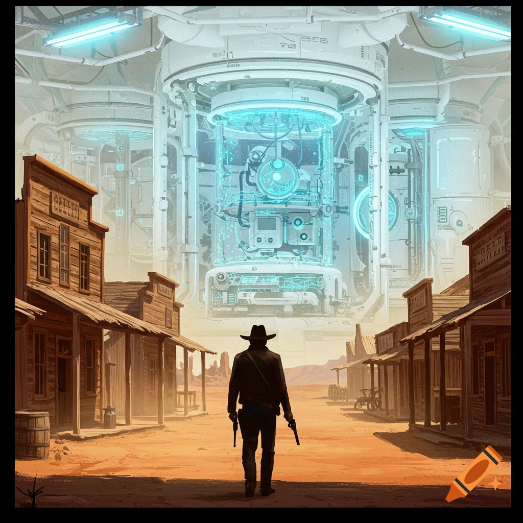 A cowboy in a Western town looking at futuristic machinery.