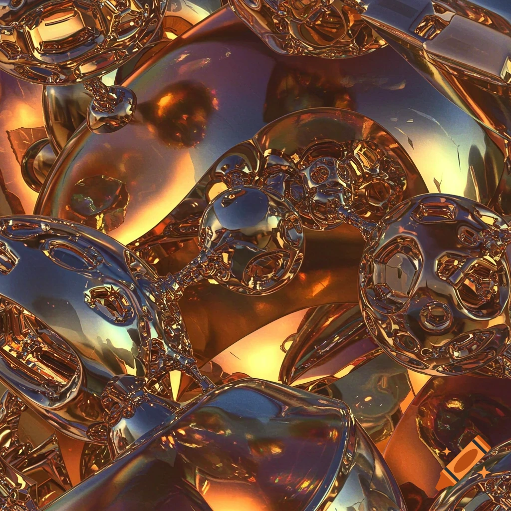 Abstract composition of interlocking metallic shapes reflecting light.