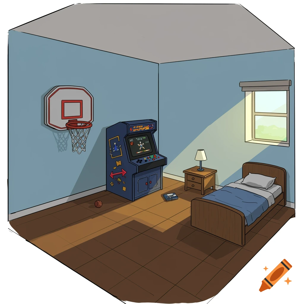 Cartoon depiction of a boy's bedroom with an arcade machine, basketball hoop, bed, and window with sunlight.