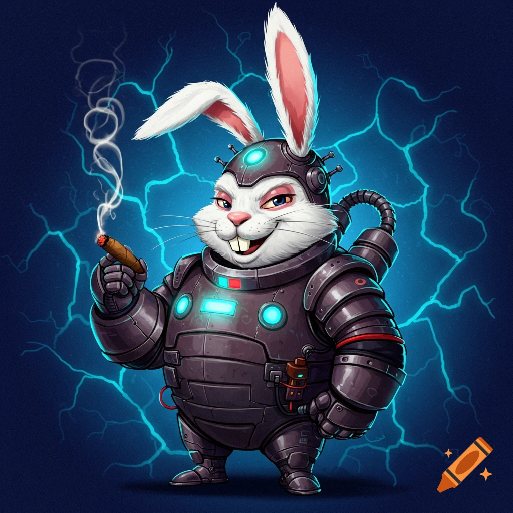 A cartoon rabbit in a sci-fi suit is smoking a cigar with lightning in the background.
