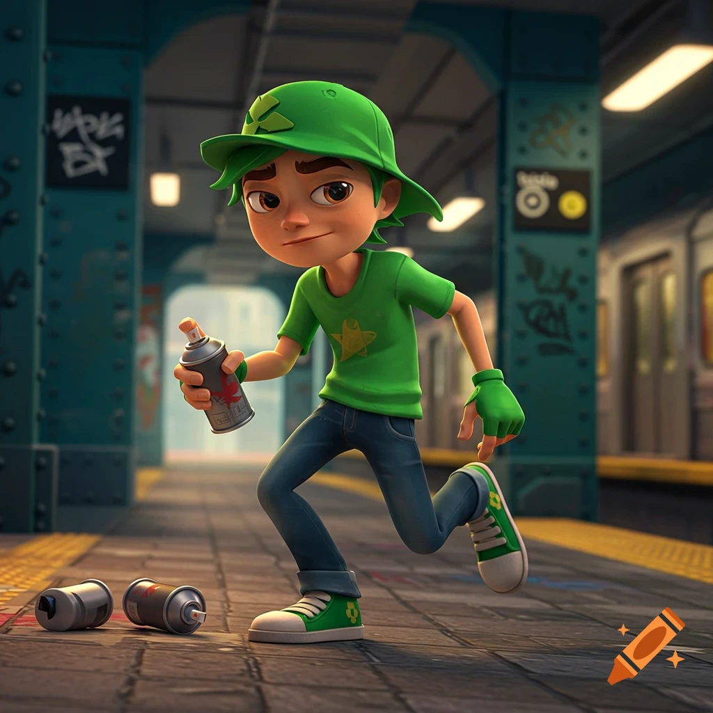 A stylized animated boy holding a spray can runs in a subway station.